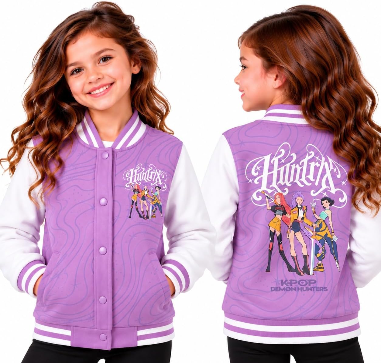 Get Trend KPop Demon Hunters Girls Varsity Bomber Jacket, Huntrix & Rumi