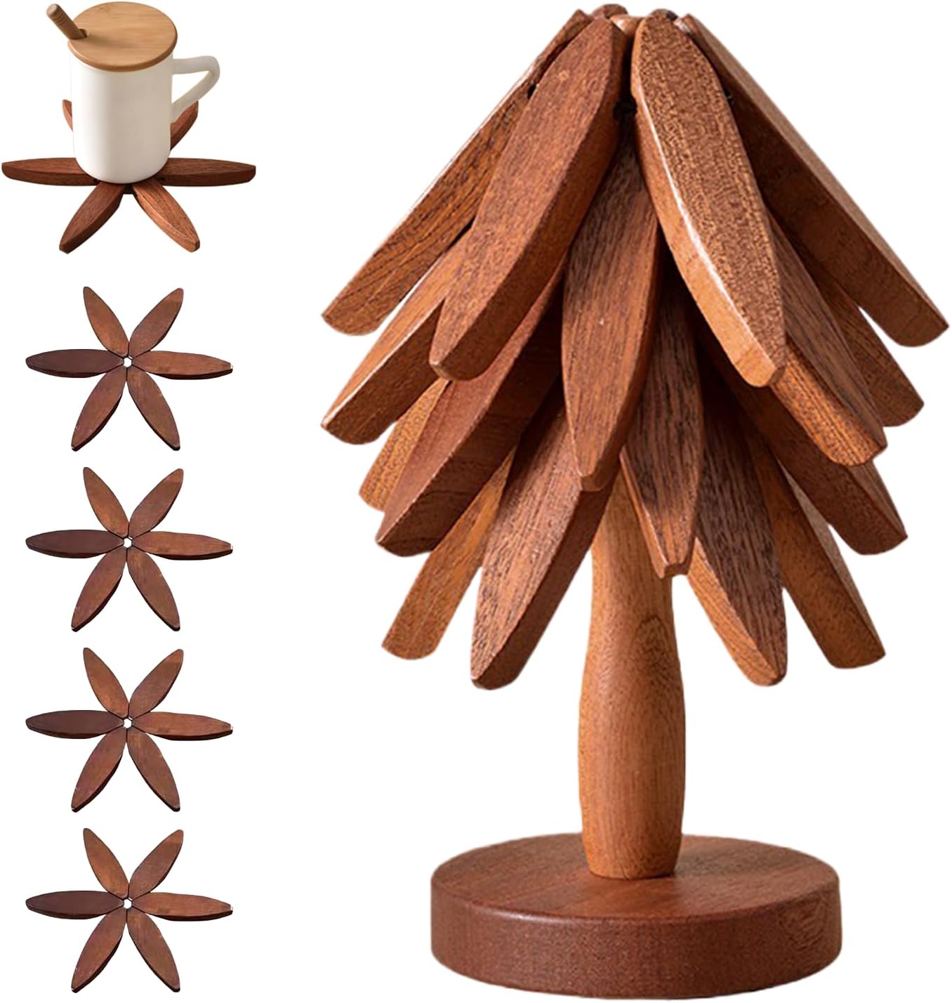 Wooden Trivets for Hot Dishes, Tree Shape Trivet Set,Trivets for Hot Dishes - 4 Wooden Trivets + 1 Stand stored Like a Christmas Tree (Walnut Wood)