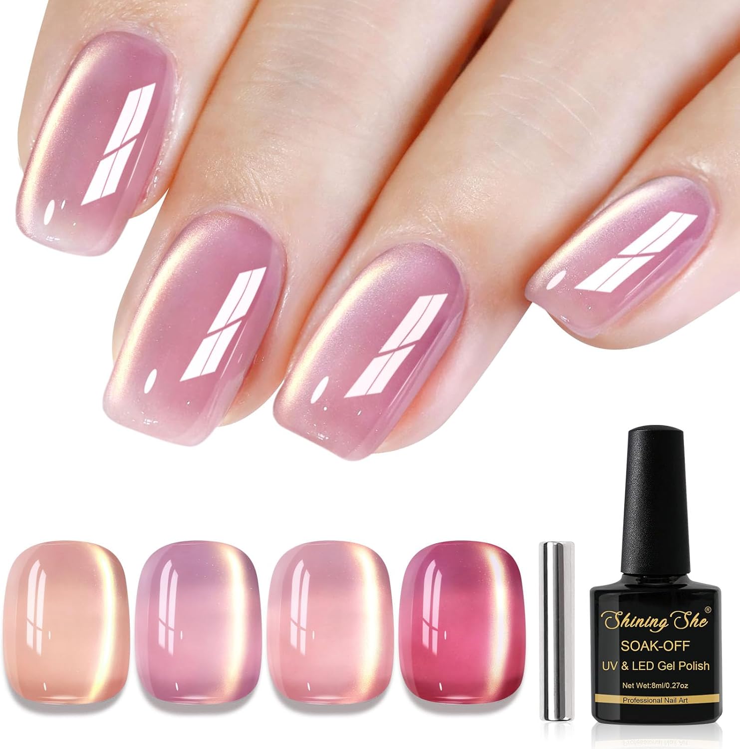 Shining She Gel Nail Polish Cat Eye, 4 Colours Nude Pink Rose Shimmer Jelly Glass Crytal Nail Polish with Magnet Soak-Off UV/LED Magnetic Gel Polish for Nail Art Salon DIY Home, 8 ML