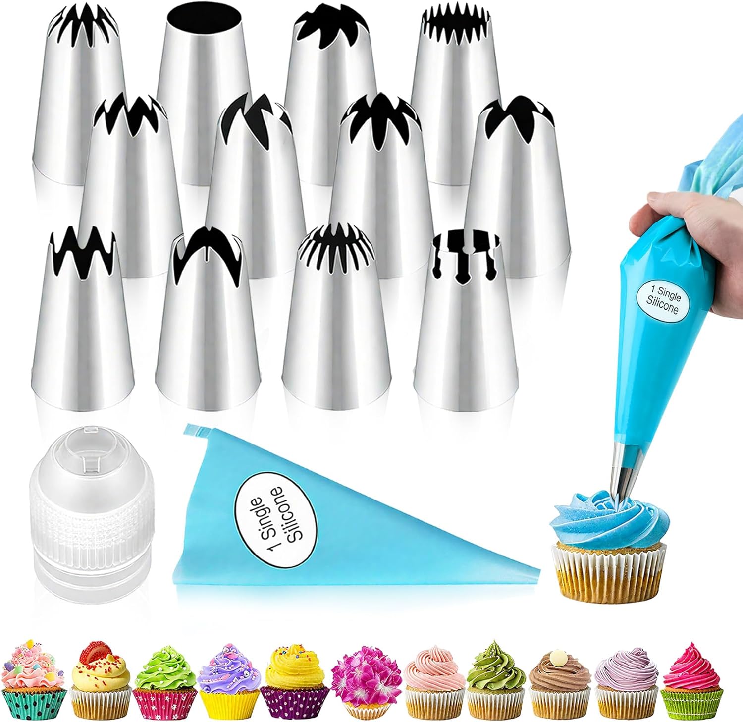 Large Piping Tips Set - 14pcs Reusable Stainless Steel Icing Nozzles Kit Cake Decorating Tools For Cupcake Cookie Pastrys Dough