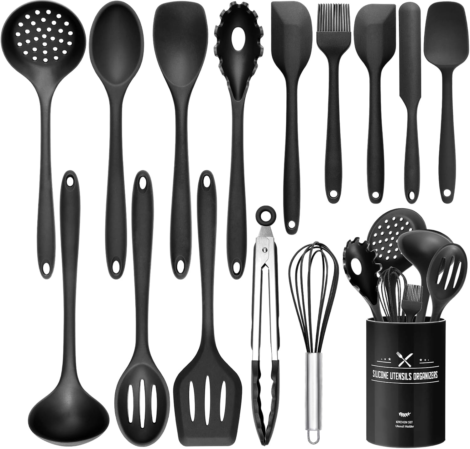 Wildone Silicone Kitchen Cooking Utensils Set, 15PCS Premium Spatula Set for Nonstick Cookware, Kitchen Tools Spatula Spoons Turner Brush Whisk, Heat Resistant (Black)