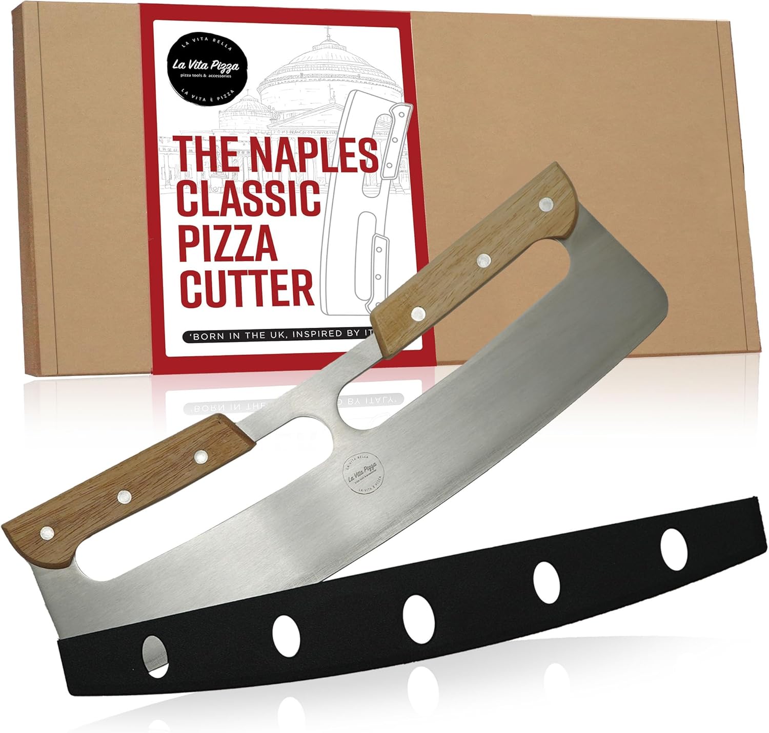 The Naples Classic Pizza Cutter | 13" Wooden Handled Rocker Pizza Cutter Made from Stainless Steel, with & Safety Cover for Effortless Slicing, Italian Inspired Pizza Accessories