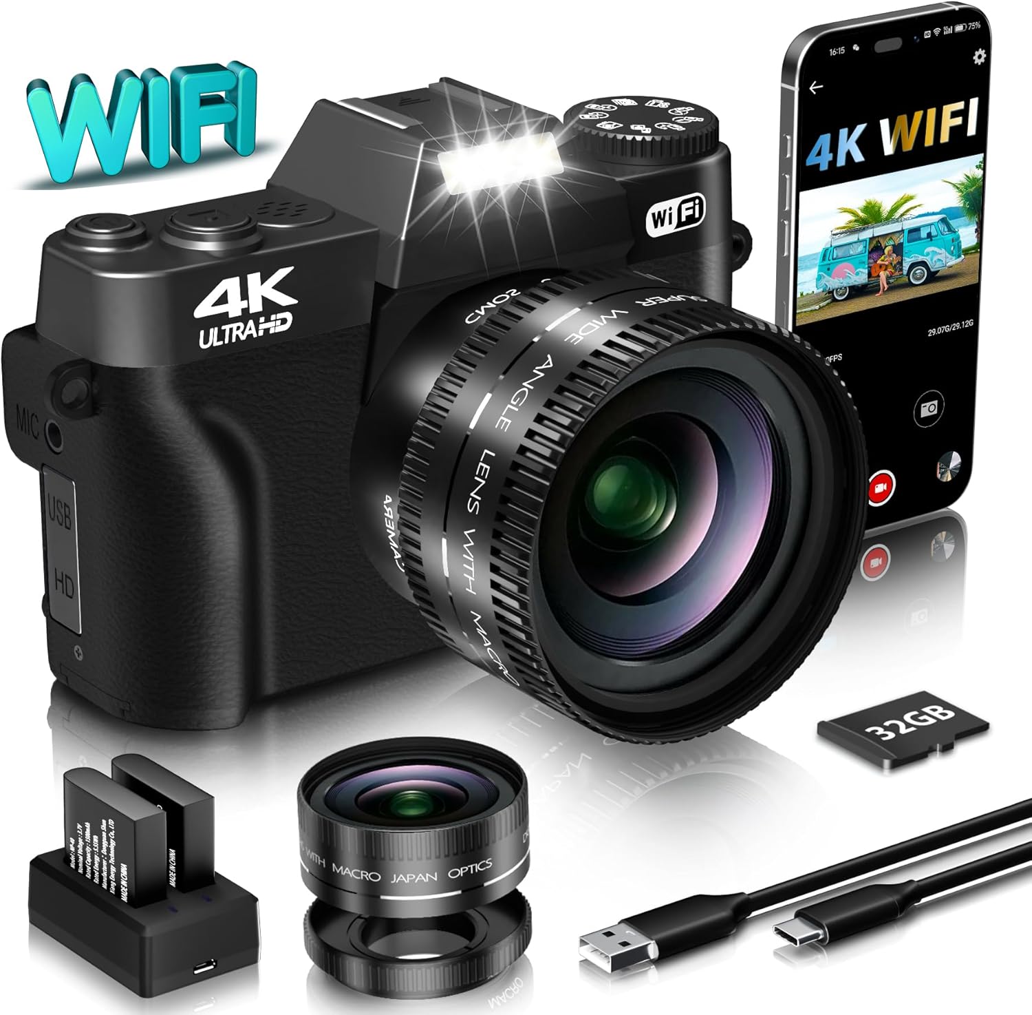 Digital Camera for Photography VJIANGER 4K 48MP Vlogging Camera for YouTube with WiFi, 180 Degree Flip Screen, 16X Digital Zoom, 52mm Wide Angle & Macro Lens, 2 Batteries, 32GB TF Card(W02 Black6)