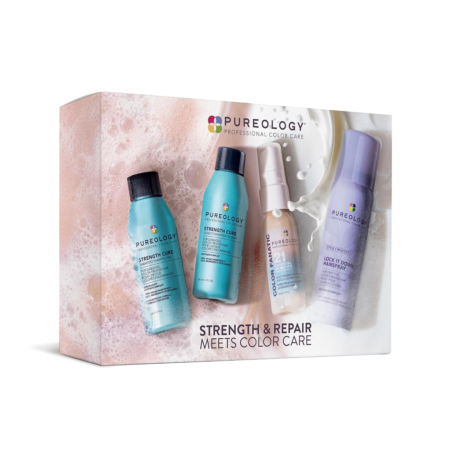 Pureology Hair Strengthening Discovery Kit - Shampoo, Conditioner, Color Fanatic Leave-In Treatment & Hairspray, Strengthens, Instant Softness & Shine, For Damaged and Color Treated Hair, Sulfate-Free