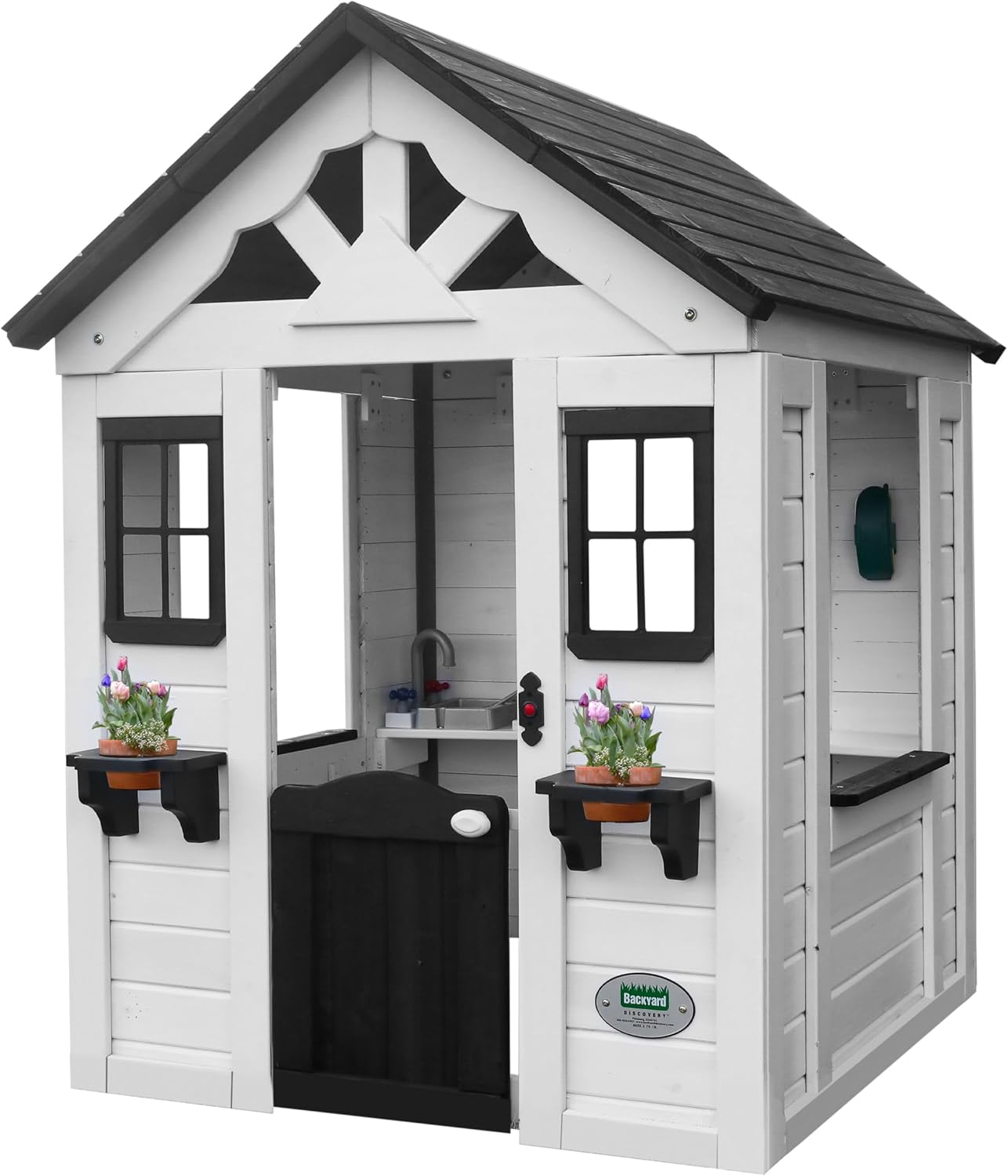 Backyard Discovery Sweetwater White Cedar Wooden Kids Playhouse Cottage with Play Kitchen, Snack Bar, Half Door, Toy Phone, Windows, Flowerpot Holders, Working Doorbell for Outdoor Imaginative Play