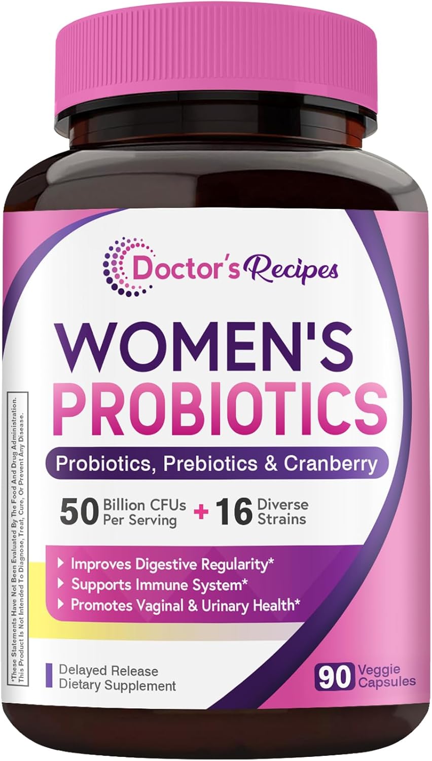Doctor's Recipes Women’s Probiotic, 90 Caps 50 Billion CFU 16 Strains, with Organic Cranberry, Digestive Immune Vaginal & Urinary Health, Shelf Stable, Delayed Release, No Soy Gluten Dairy