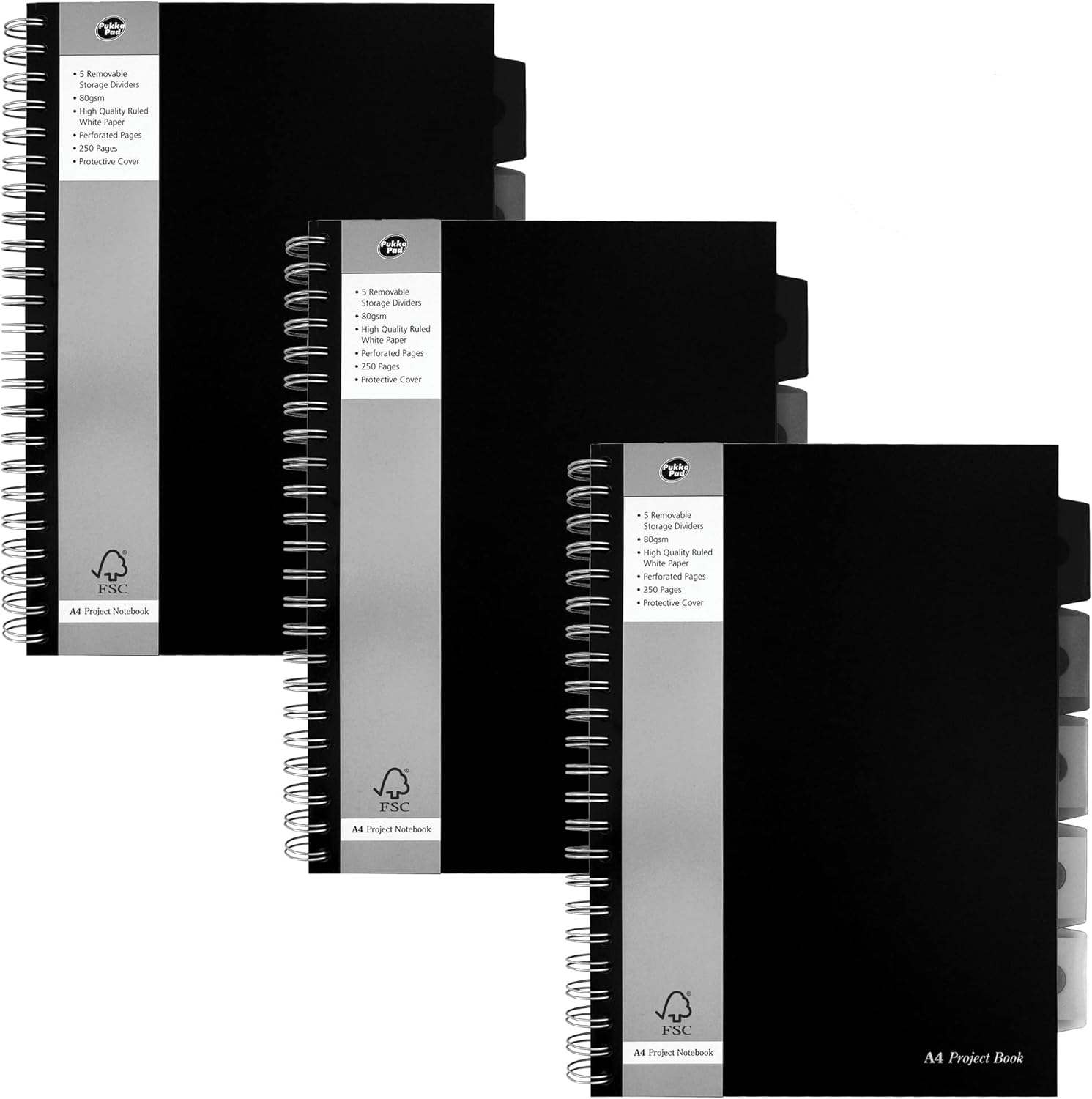 Pukka Pad, A4 Executive Project Notebook 3-Pack - 29.7 x 21cm - Wirebound Notebook with 8mm Feint Ruled Lines on 80GSM Paper - Includes 5 Repositionable Dividers with Storage Pockets - 250 Pages