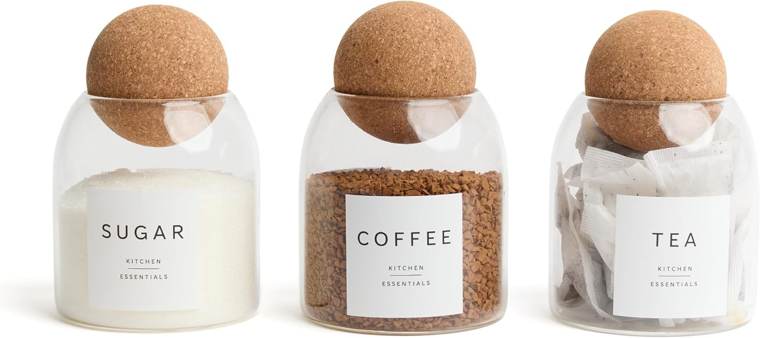 Livabl Tea Coffee and Sugar Canisters Set - Set of 3 Unique Cork Ball 500ml Glass Jars - Perfect Sugar Tea Coffee Set Organiser