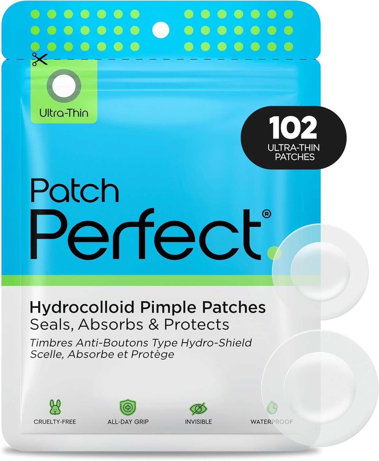 Patch Perfect Spot Patches (102 Count) - Korean Hydrocolloid Pimple Patches, Absorbing Dots for Spot Treatment, Invisible Acne Patches, Vegan & Cruelty-Free Spot Stickers (2 Sizes)