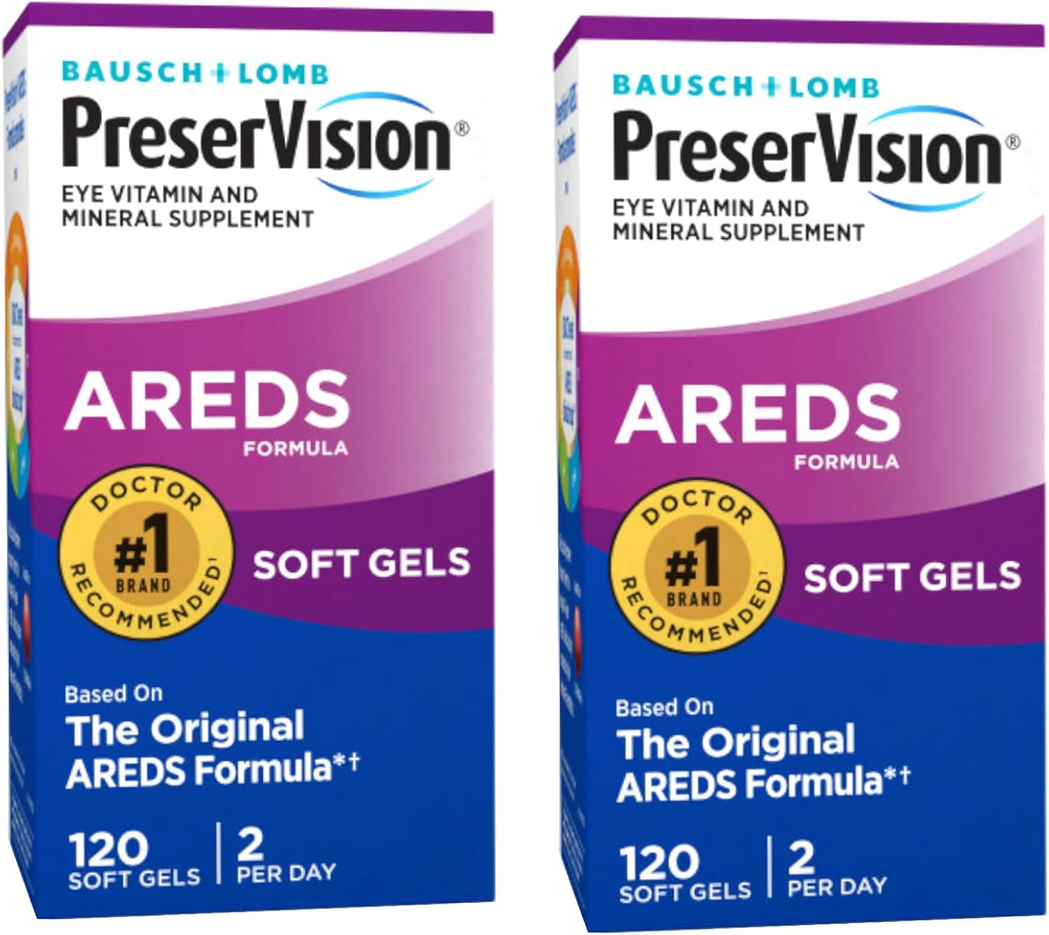 Bausch + Lomb PreserVision AREDS Eye Vitamin & Mineral Supplement Tablets, 120 Count Bottle (Soft Gels) (Pack of 2)