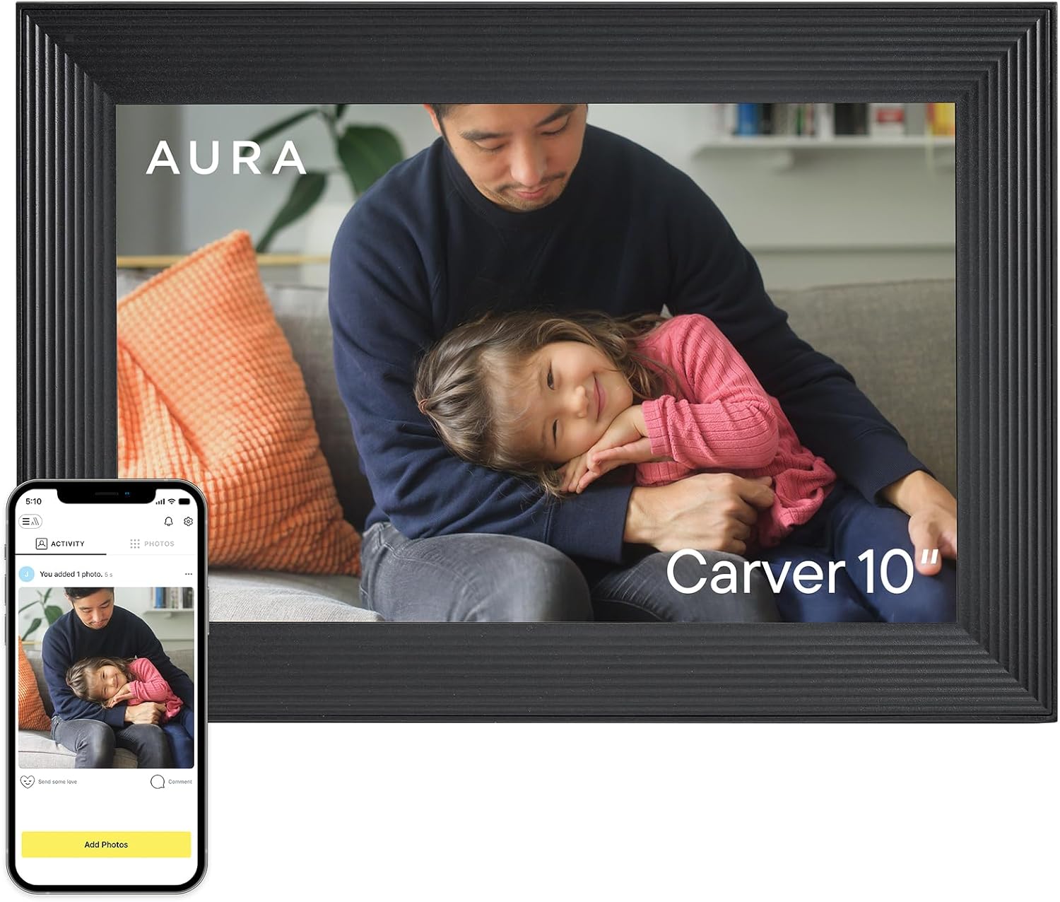 Aura Carver HD WiFi Digital Picture Frame, 10.1”, Add Photos with Aura App, Free Unlimited Storage - Wirecutter’s Pick for Best Digital Photo Frame 2022 - Gravel