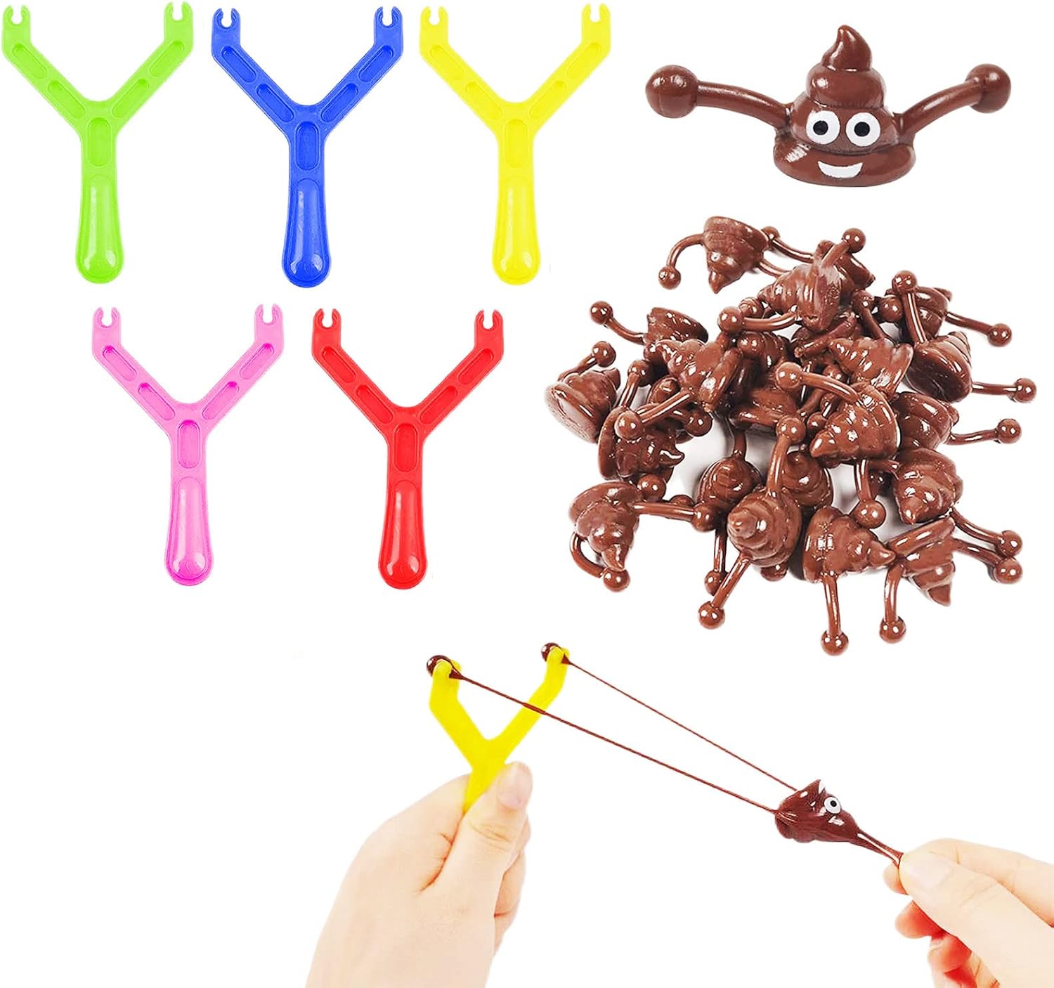 Funny Poo Slingshot Toy Set- 5 Slingshot &15 Poo Bullets Mochi Squishy Toy,Poop Finger Shooting Slingshot Prank Toy,Party Bag Fillers for Kids Adults Birthday Joke Prank Toys Gift,Xmas Stocking Filler
