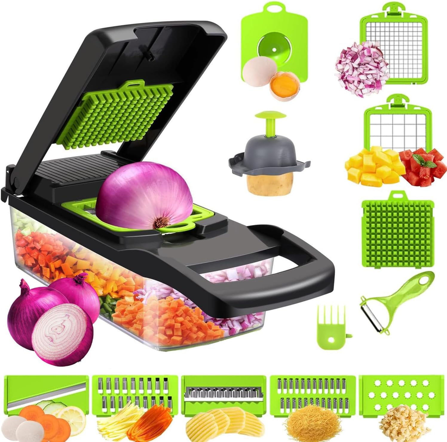 Vegetable Chopper Vegetable Cutter Mandoline Vegetable Slicer, 16 In 1 Vegetable Chopper, Onion Potato Salad Food Fruits Choppers Manual, Kitchen Tools & Gadgets, with 7 Blades, Cleaning Brush, Peeler