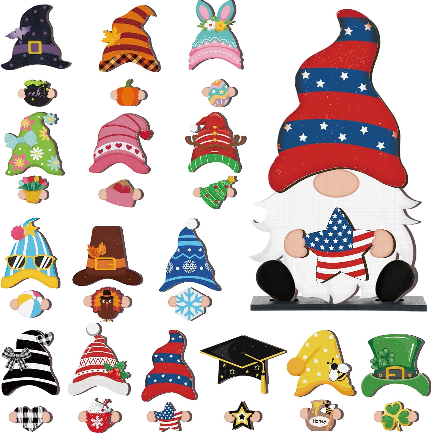 Blulu Interchangeable Wooden Gnome Decor DIY Holiday Patriotic Summer Day 4th of July Seasonal Tiered Tray Decoration with Magnet Gnomes Pieces Welcome Sign for Decorations(Cute)