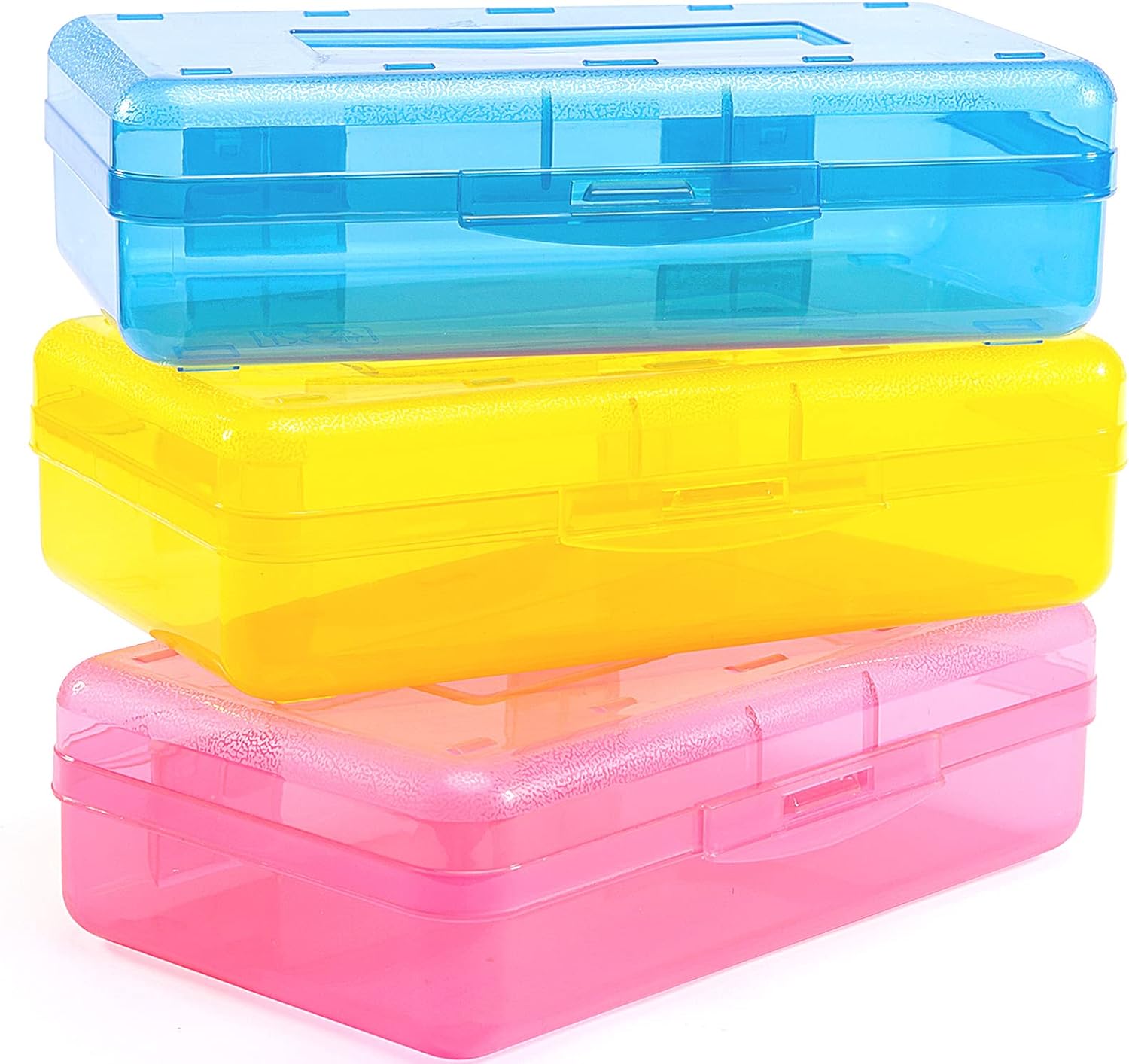 Sooez 3 Pack Pencil Case, Large Hard Pencil Box Bulk, Clear Crayon Box Marker Pen Organizer, Plastic Storage Container with Snap Lid, Stackable Art Craft Organizer Back to School Supplies, Colorful
