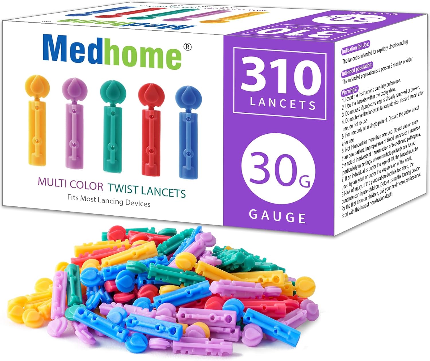 Blood Lancets, Single use, 30 Gauge Twist top Lancets for Diabetes Testing, Fits Most Lancing Devices for Blood Sugar Kit and Glucose Meter - 310 Count per Box - Multi-Color