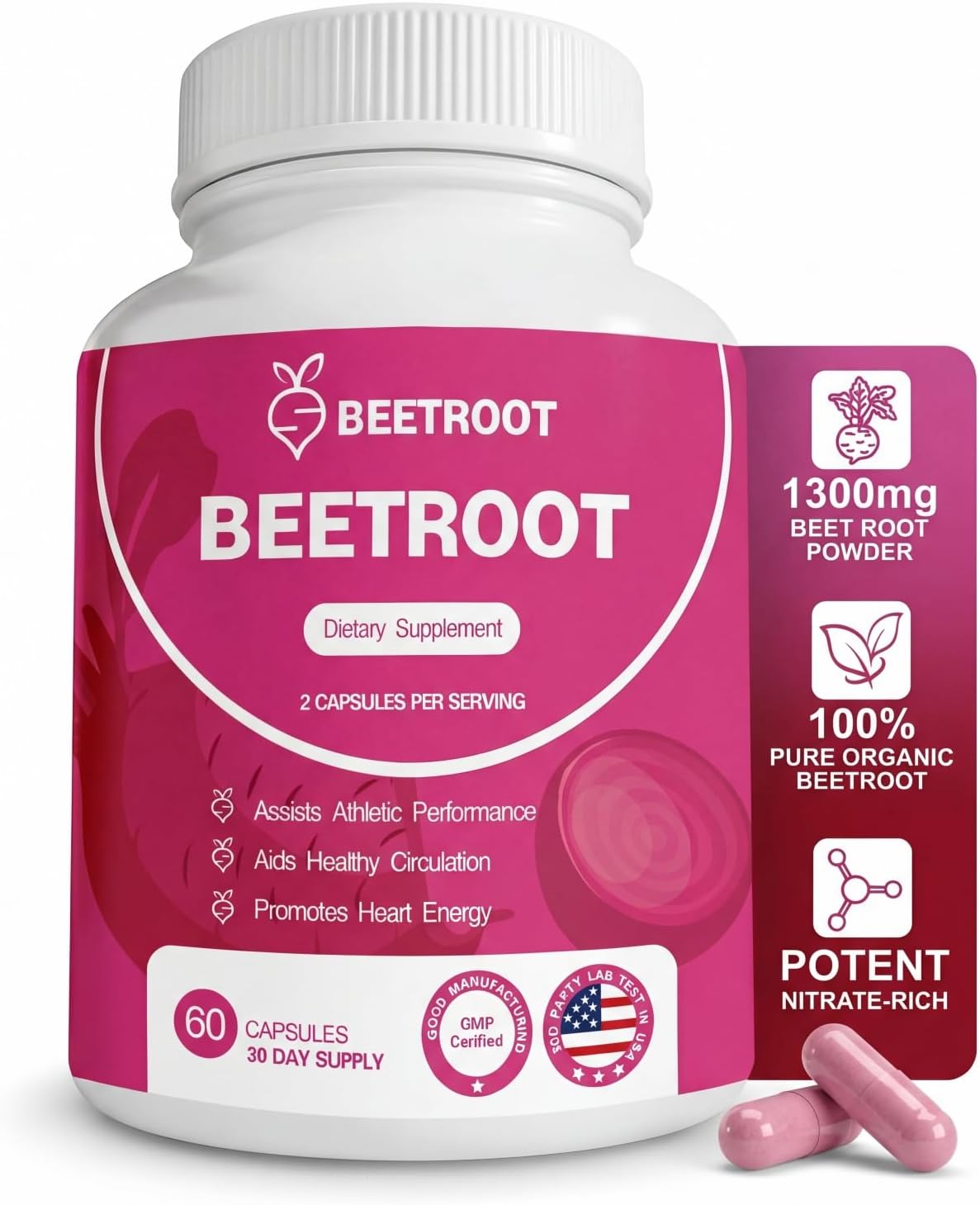 Beetroot Capsules – 1300mg Non-GMO Beet Root Powder Supplement – 60 Vegan Capsules for Natural Energy, Blood Flow & Endurance Support