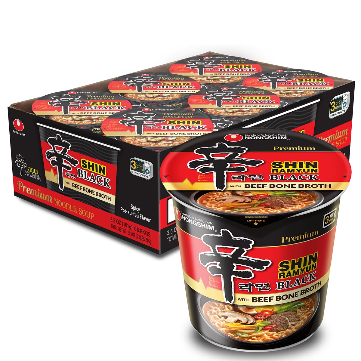 Nongshim Shin Ramyun Black Cup of Noodles, Spicy Korean Signature Instant Ramyun, Rich Beef Bone Broth, Pantry Essential Korean Noodles, Quick and Easy, Microwaveable Cup, 3.56 oz (Pack of 6)