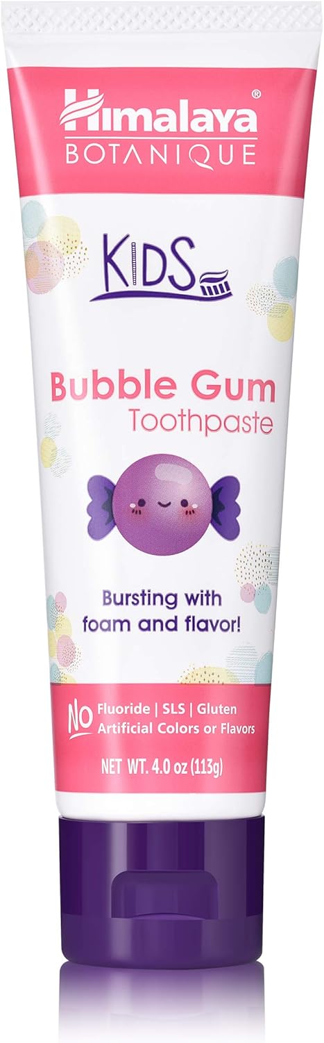 Himalaya Botanique Kids Toothpaste, Herbal, Bubble Gum Flavor, Fights Plaque, Fluoride-Free, Gentle, No Artificial Flavors or Colors, SLS Free, Gluten Free, Cruelty Free, Vegan, Foaming, 4 Oz, 1 Pack…