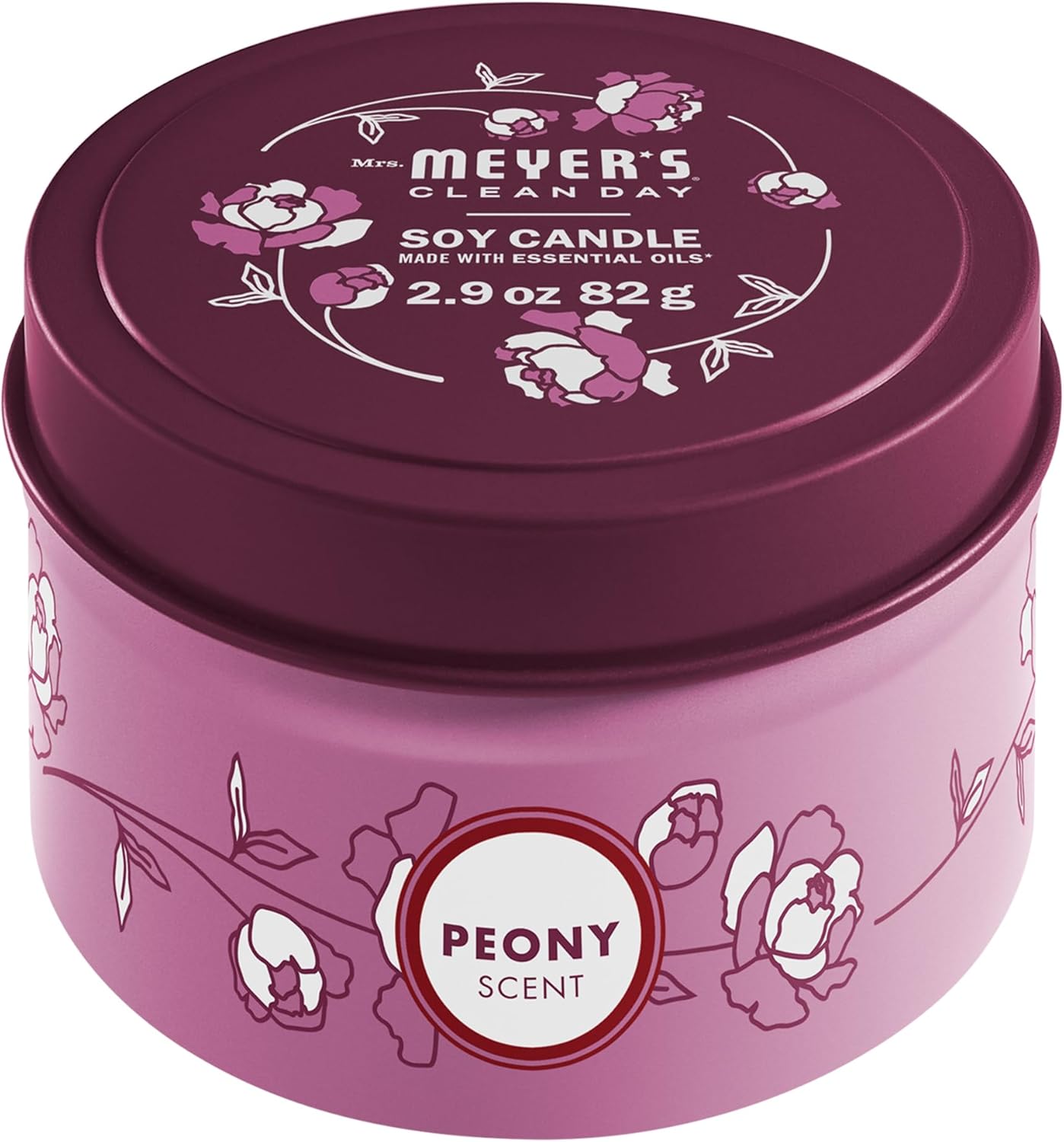 MRS. MEYER'S CLEAN DAY Soy Tin Candle, 12 Hour Burn Time, Made with Soy Wax and Essential Oils, Peony, 2.9 Oz