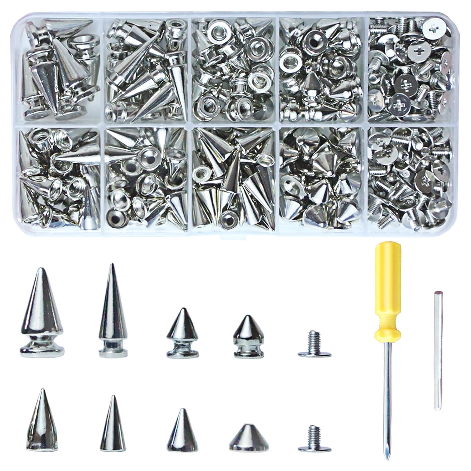 354 Sets Punk Spikes and Studs Kit，8 Sizes Cone Spikes,Metal Tree Spikes Studs for Leathercraft and Punk Style Clothing Accessories DIY Craft Decoration