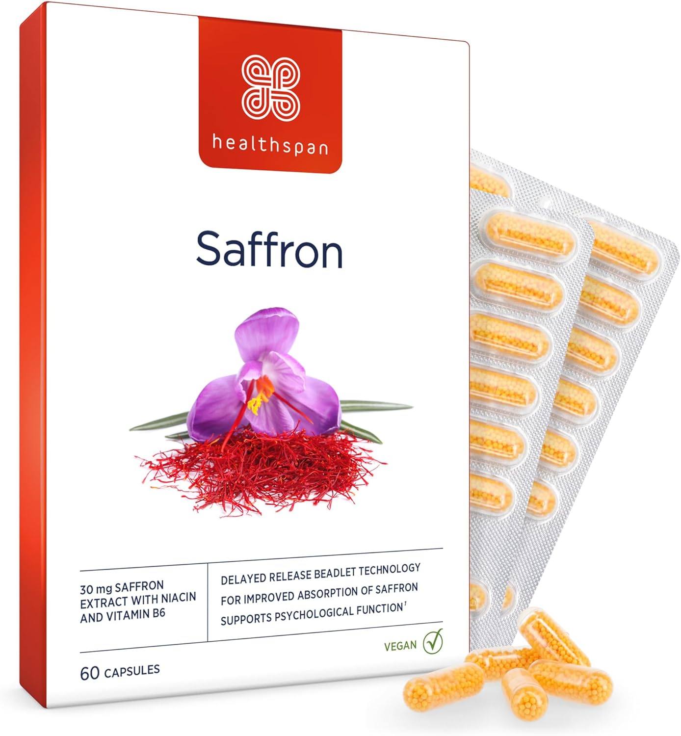 Healthspan 30mg Saffron Mood Support (60 Capsules) | Positive Mood & Emotional Balance | Supports Relaxation | Niacin & Vitamin B6 to Reduce Tiredness & Support Normal Psychological Function | Vegan