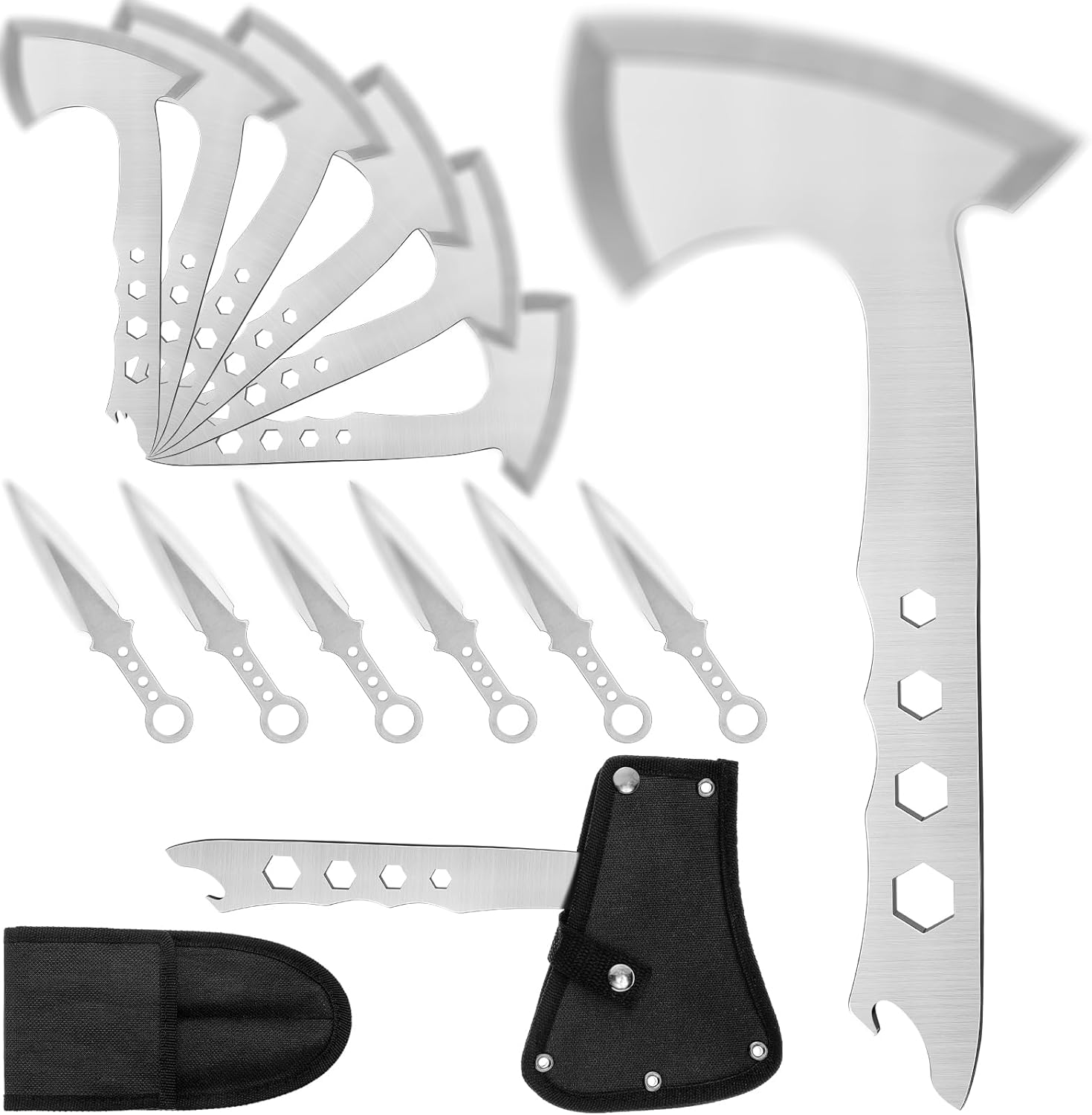 6 Pack Throwing Axes 10 Inch Full Tang Throwing Axes Tomahawks Set Stainless Steel Balanced Axes with Nylon Sheath Bottle Opener Wrench for Competiton Recreation