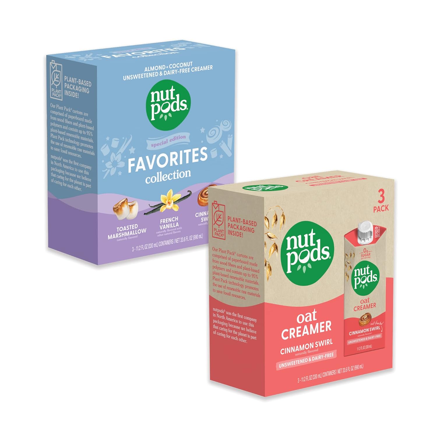 nutpods Non Dairy Coffee Creamer Bundle: a 3 pack of our Favorites Collection creamer and a 3 pack of our Oat Cinnamon Swirl creamer.