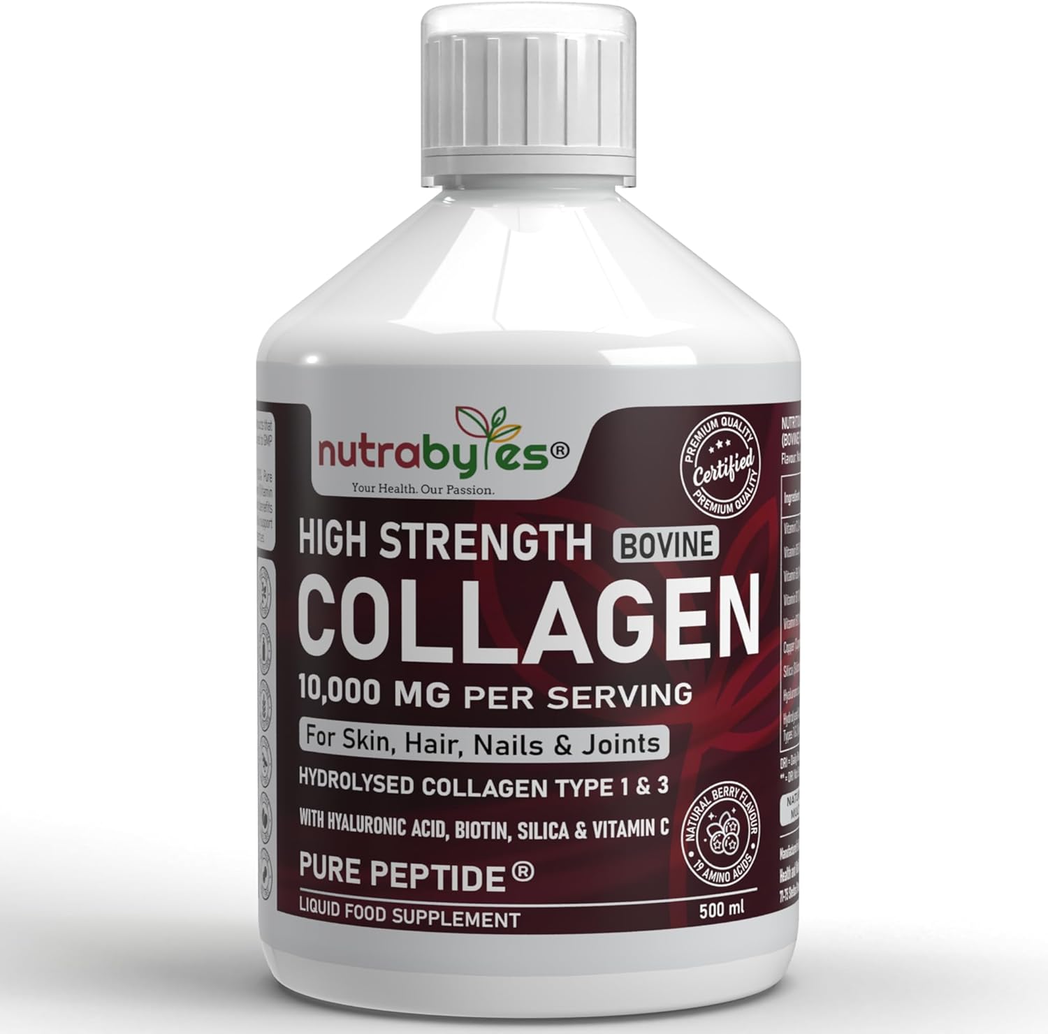 Collagen Liquid 10000mg, Hydrolysed Peptides - Hyaluronic Acid, Biotin, Silica, Vitamin C, Vitamin B12 - Healthy Skin, Hair, Nails, Joints, Muscles - Grass Fed Bovine - Liquid Collagen for Women & Men
