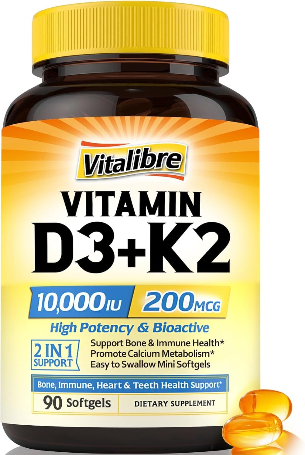 Vitamin D3 K2 Supplement, 10000 IU D3 / 200 mcg K2 MK7, Calcium Absorption, Bone, Heart, Immune & Muscle Support, Enhanced Absorption, No Soy, Easy to Swallow, 90 Softgels