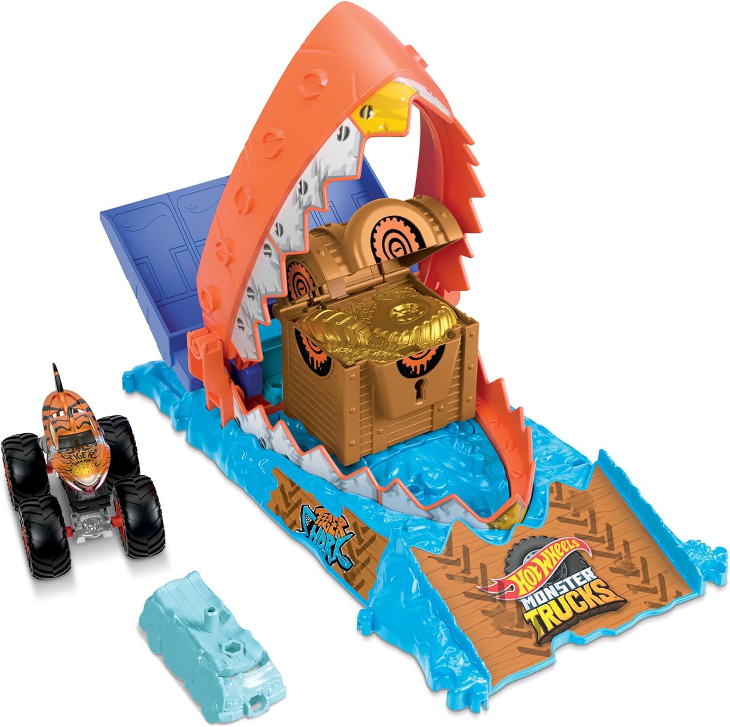 Hot Wheels Monster Trucks Arena Smashers Treasure Chomp Challenge Playset with 1:64 Scale Tiger Shark Toy Monster Truck & 1 Crushed Car, HTP17