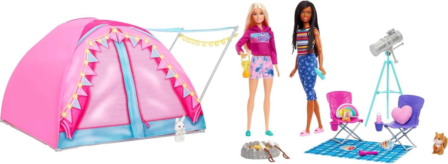 Barbie It Takes Two Camping Playset with Tent, 2 Barbie Dolls & 20 Pieces Including Animals, Telescope & Accessories, Toy for 3 Year Olds & Up