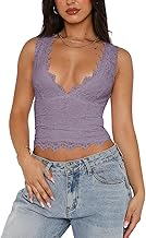 REORIA Womens Sexy V-Neck Sleeveless Double Lined Going Out Y2K Trendy Lace Cropped Tank Tops