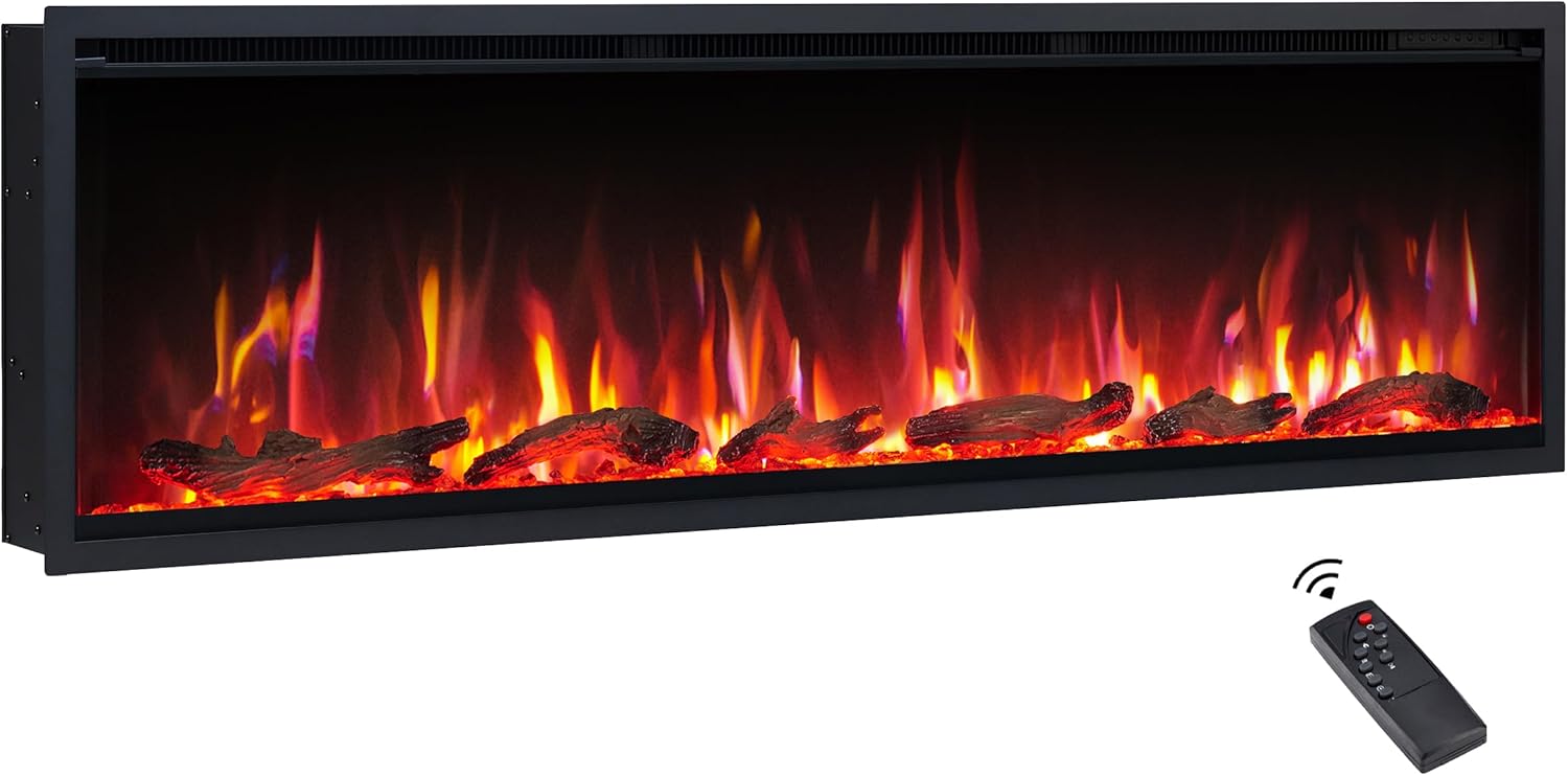 FlameKo Avena 153cm/60" Slim Frame Recessed Media Wall Inset Electric Fireplace with Multi Flame Colours, with Logs, Heater 750W & 1500W