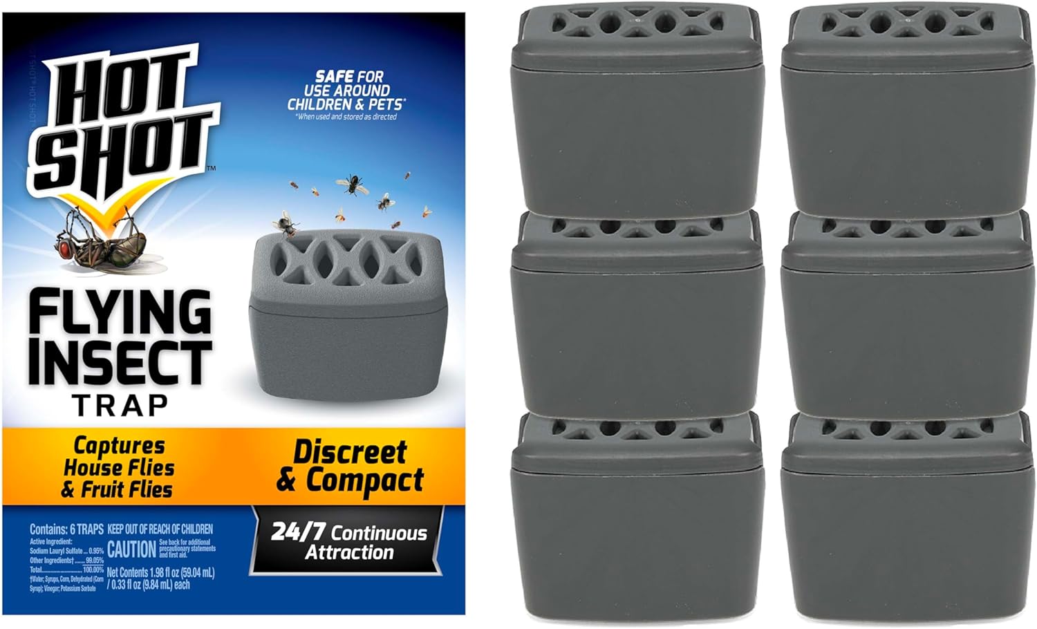 Hot Shot Flying Insect Trap, Discreet, Trap Attracts and Captures House Flies and Fruit Flies, 24/7 Continuous Attraction, No Plug-in Or Electricity Needed, 6 Count