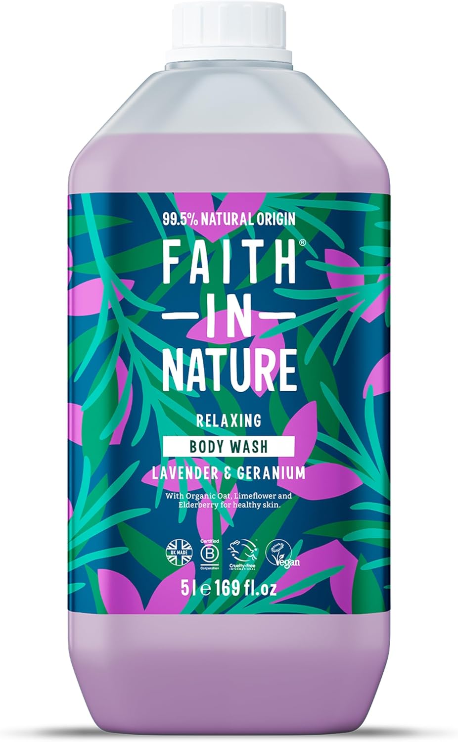 Faith In Nature Natural Lavender & Geranium Body Wash, Relaxing Shower Gel, Vegan & Cruelty Free, No SLS or Parabens, 5L Refill Pack