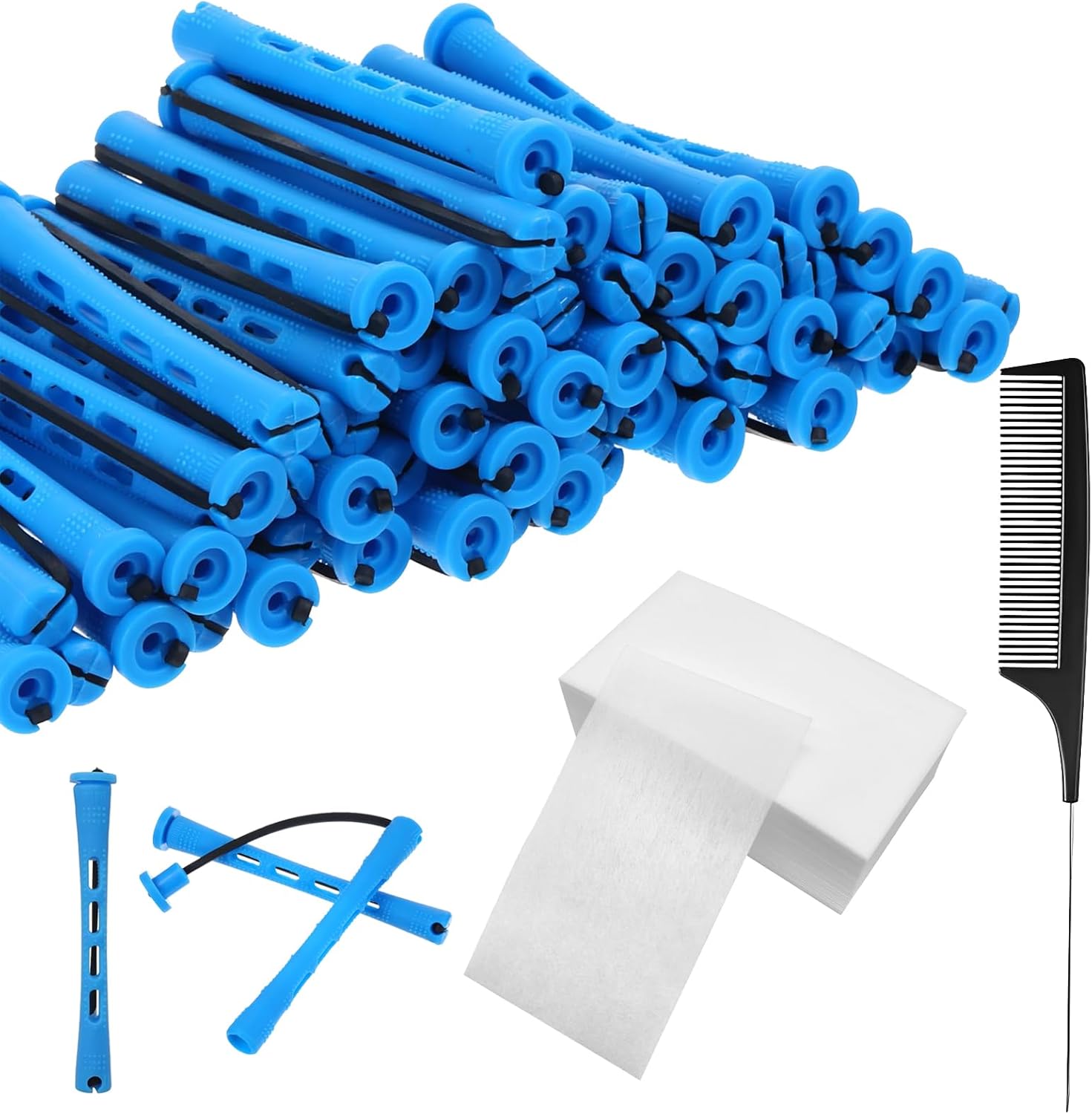 141 pcs perm kit, includes 40 pcs 0.35in Perm Rods, 100 pcs Perm Papers and 1 Rat Tail Comb, for Natural Long and Short Hair,Suitable for families DIY Hair Styling (blue)