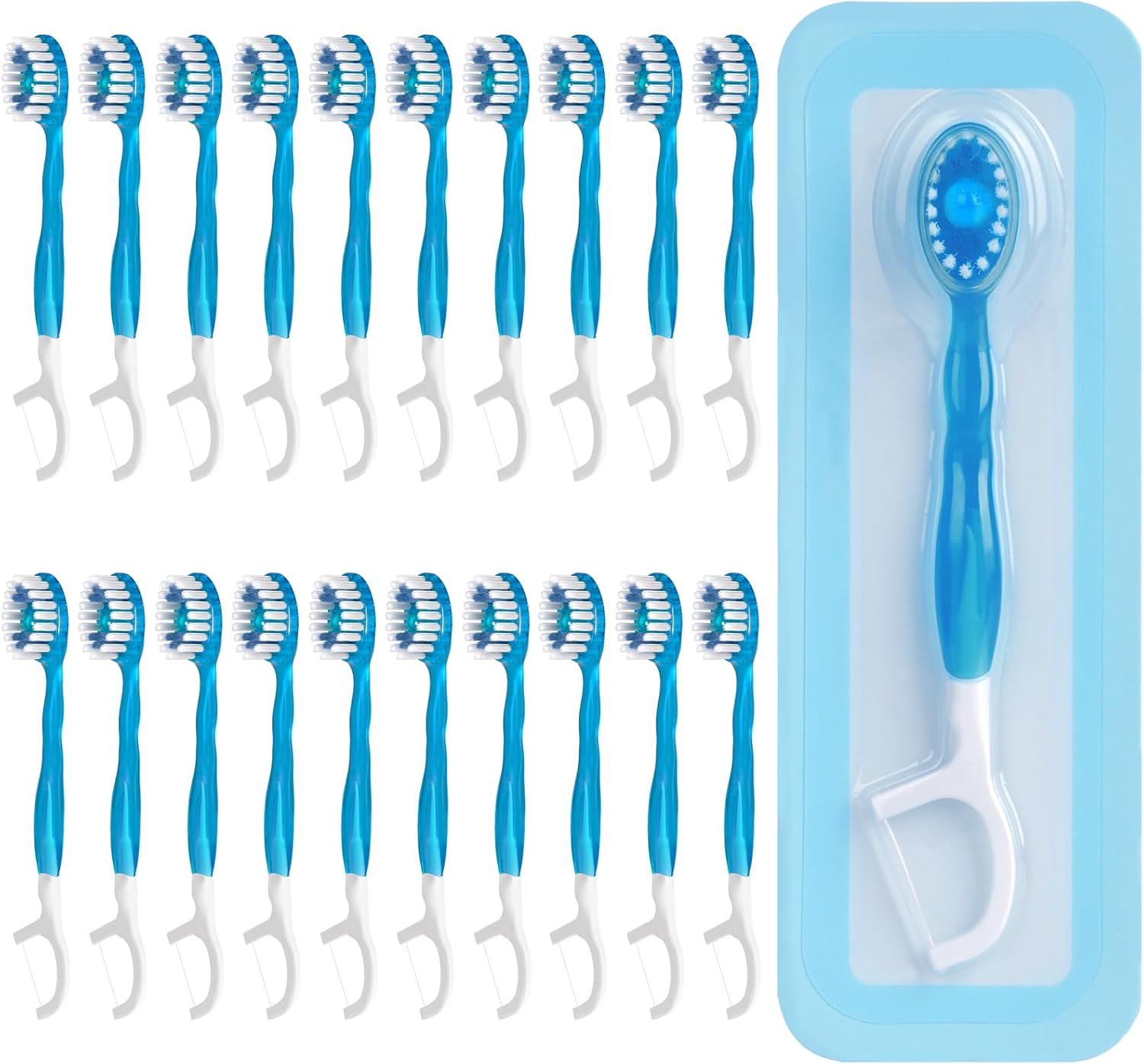 20 Count Disposable Toothbrushes with Toothpaste Individually Wrapped, 5-in-1 Pre-Pasted Mini-Brush+Floss+Pick+Tongue Scraper, On The Go Toothbrush with Freshening Bead, Coolmint