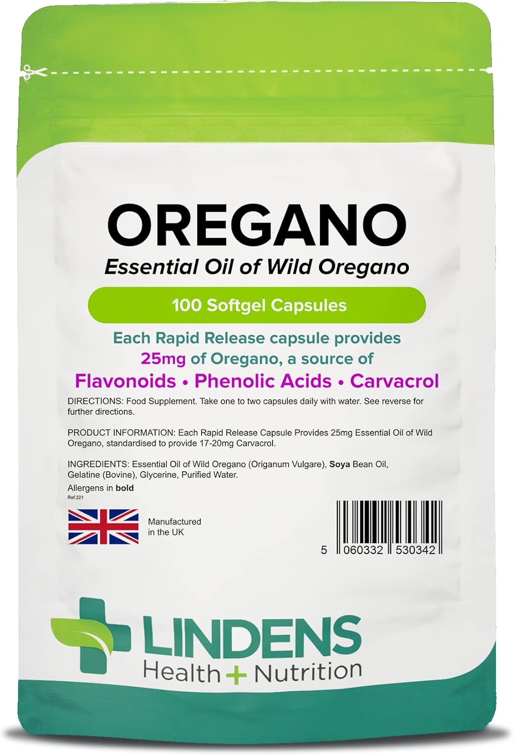 Lindens Oregano Oil 25mg - 100 Capsules - UK Made - Natural Source of Phenolic Acids and Flavonoids - Origanum Vulgare - Easy Swallow & Rapid Release - 3+ Months Supply - GMP & Letterbox Friendly