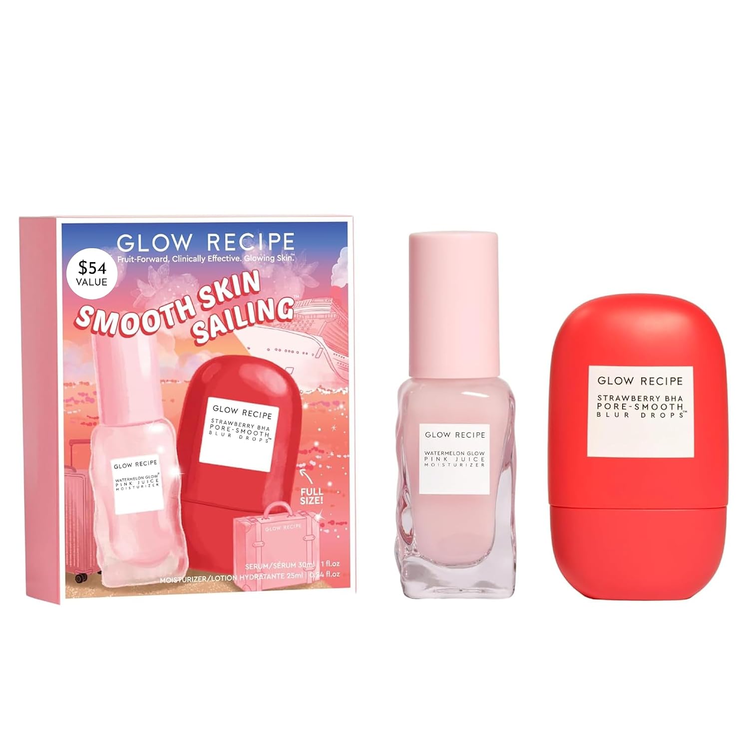Glow Recipe Smooth Skin Sailing Skincare Set - Watermelon Glow Pink Juice Facial Moisturizer + Silicone-Free BHA Strawberry Pore Minimizer Blurring Drops (2 Count)