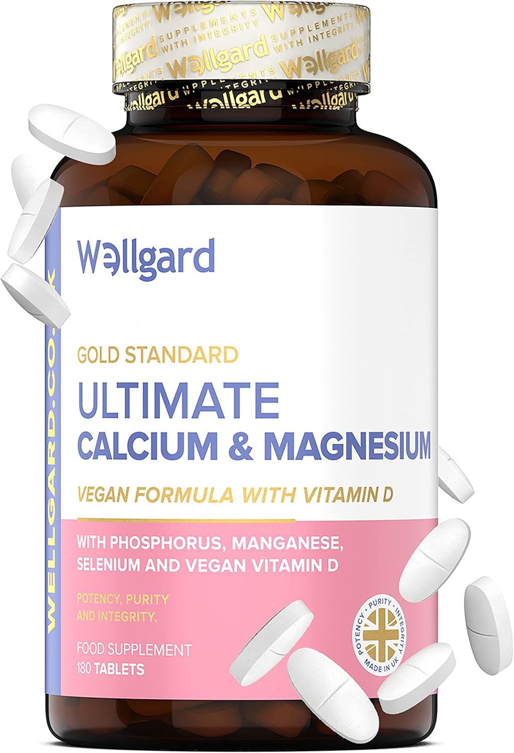 Wellgard Vegan Calcium Magnesium Zinc and Vitamin D Capsules - Calcium Supplement, Calcium Tablets with Phosphorus, Manganese, Selenium, Copper, Made in UK