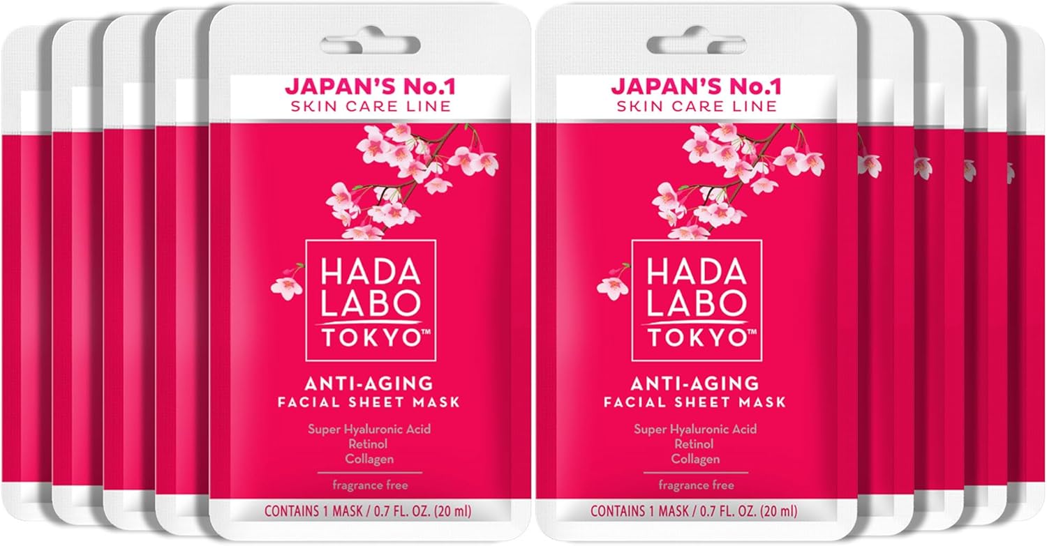 Hada Labo Tokyo - Anti-Ageing Facial Sheet Masks, with Super Hyaluronic Acid, Collagen & Squalane, for Age 40+ (Pack of 10)