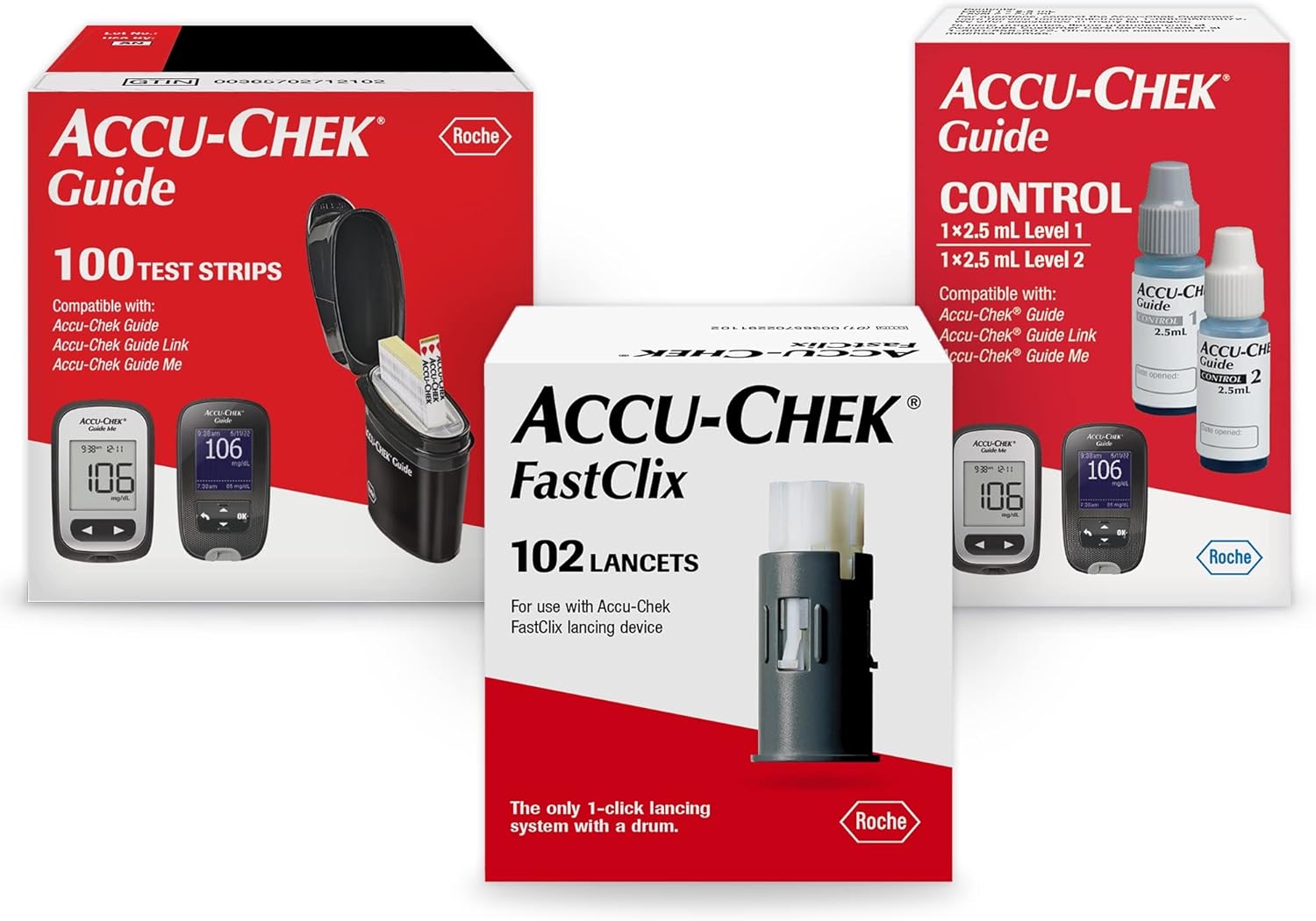 Accu-Chek FastClix Diabetes Blood Sugar Test Kit for Diabetic Glucose Monitoring: 102 FastClix Lancets, 100 Guide Test Strips, and Control Solution (Packaging May Vary)