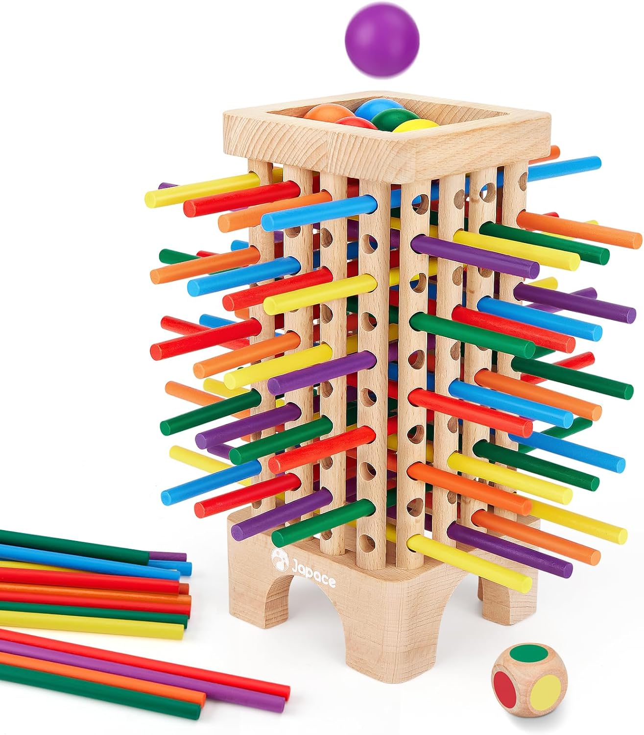 Wooden Board Games Montessori Educational Toys, Kids Fine Motor Skills Toy with 42 Colourful Sticks and Dice, Family Fun Ball Dropping Game for 3 4 5 6 Year Boy Girl Birthday Gift