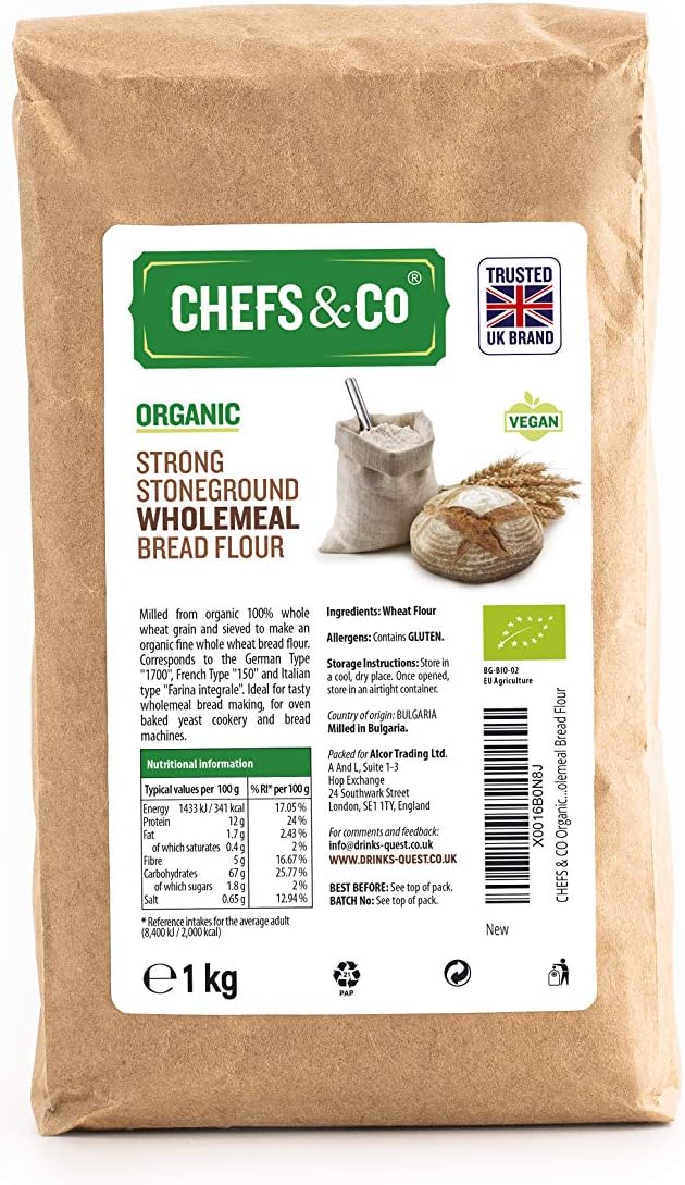 CHEFS & CO Stoneground Strong Organic Wholemeal Bread Flour 1 Kg | Freshly Milled Flour for Baking | Ideal for Wholemeal Bread Making, Oven Baked Yeast Cookery & Bread Machines