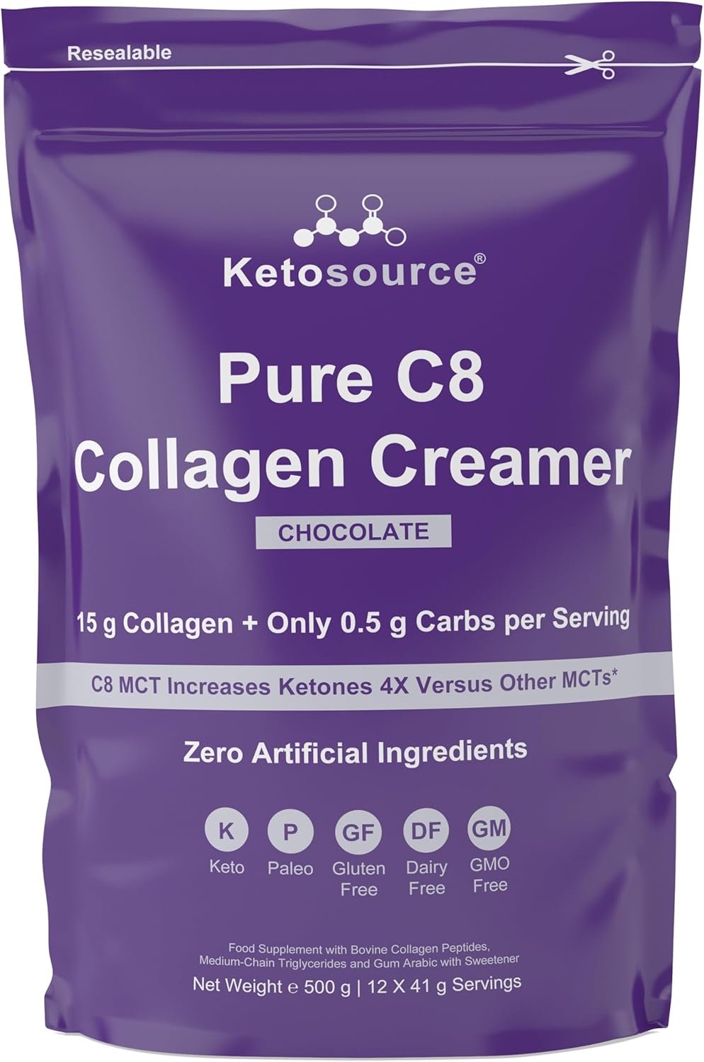 Pure C8 Collagen Creamer | Natural Cacao Chocolate Flavour | Mixes Easily Without Clumping | Keto Collagen Creamer for Collagen Coffee | Zero Artificial Ingredients | 500g Pouch | Ketosource®