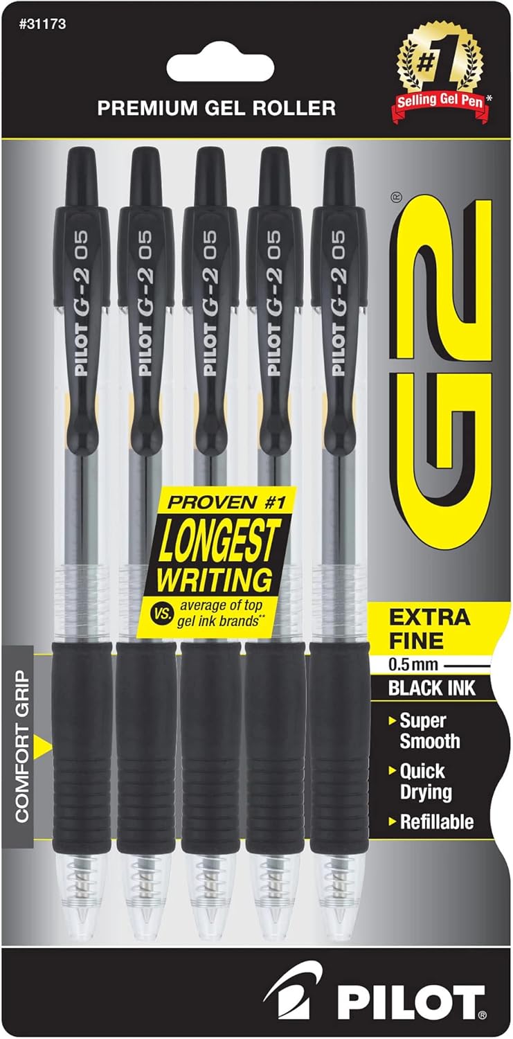 Pilot, G2 Premium Gel Roller Pens, Extra Fine Point 0.5 mm, Pack of 5, Black