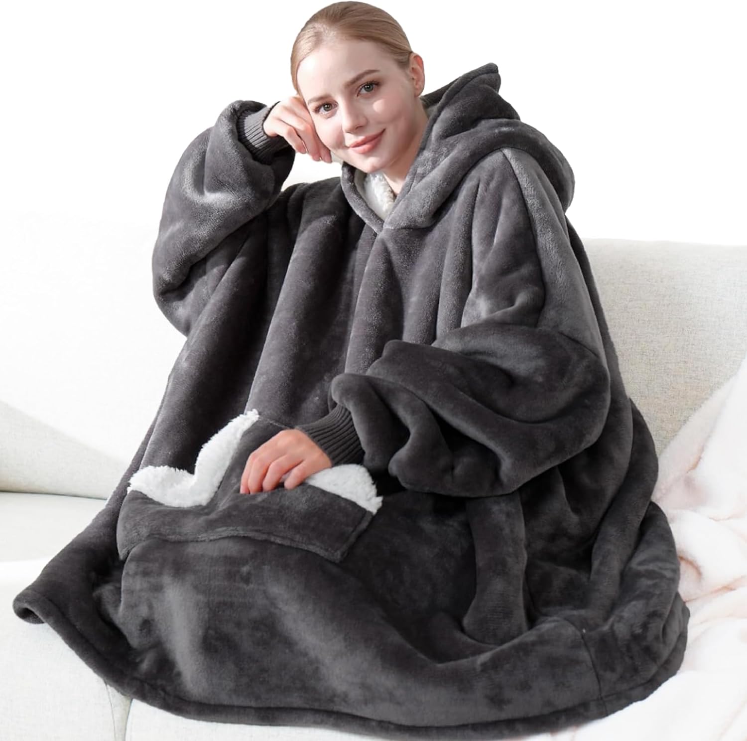 Touchat Wearable Blanket Hoodie, Oversized Sherpa Fleece Sweatshirt Blanket with Giant Hood Pocket and Sleeves for Adult, Warm & Cozy Grey Blanket Gifts for Women