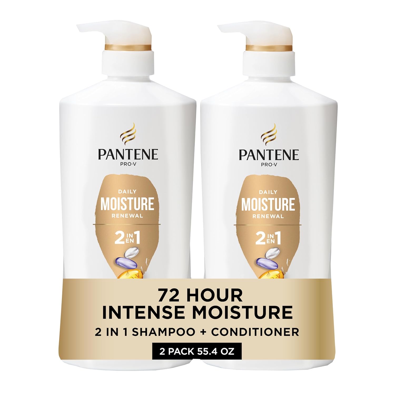 Pantene 2-in-1 Shampoo & Conditioner, Daily Moisture Renewal - Pro-V Nutrients for Dry, Color-Treated, Straight to Curly Hair, 72-Hour Hydration & Softness, 27.7 Oz Each, 2-Pack + Rescue Shot (0.5 Oz)