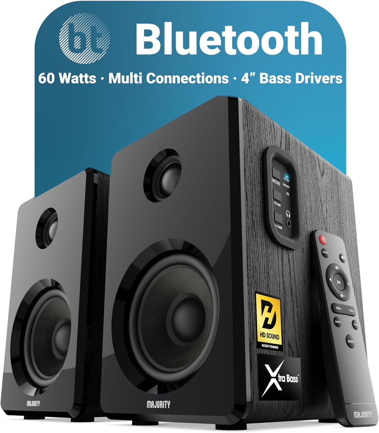 MAJORITY D40 | Active Bluetooth Bookshelf Speakers | Amplified HiFi Speakers with 60W 2.0 Channel 4" Drivers | Powered Studio Loudspeakers with Optical, RCA, USB & AUX Input | Remote Control Included